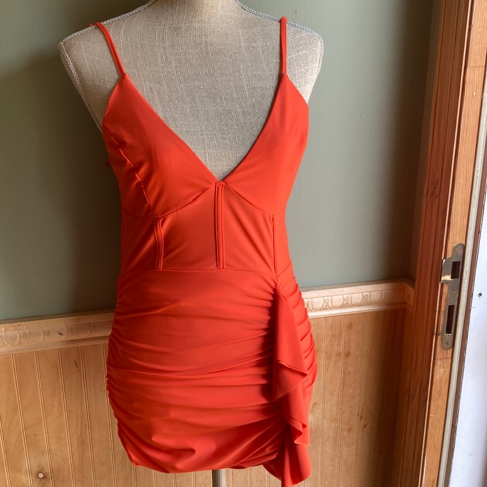 Meek orange ruched bodycon mini dress